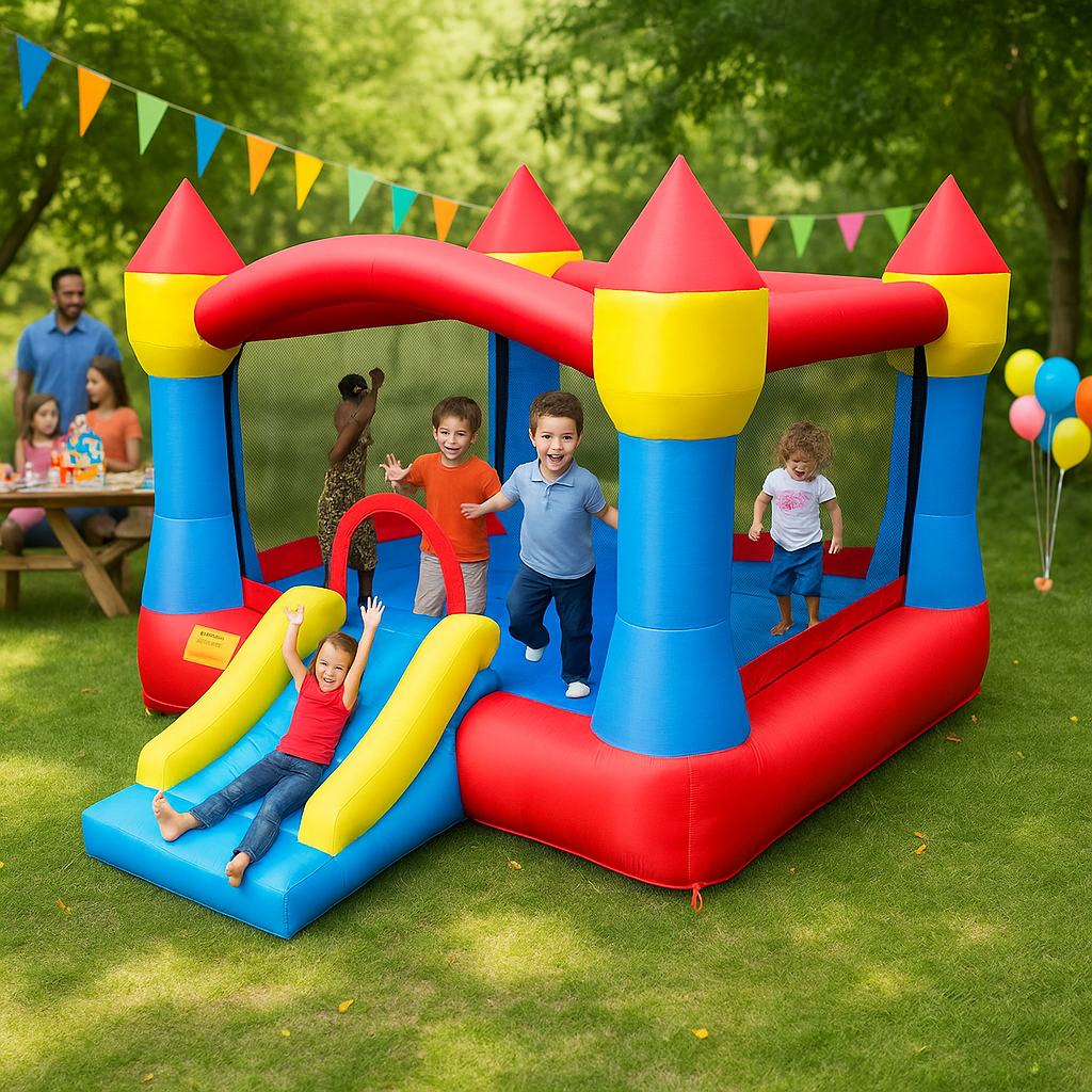 Hrad 2 - klasický větší skákací hrad se skluzavkou Rozměr: 6 m x 5 m x 2,6 m (d x š x v) Určeno až pro 4 děti současně, věk do 8 let.